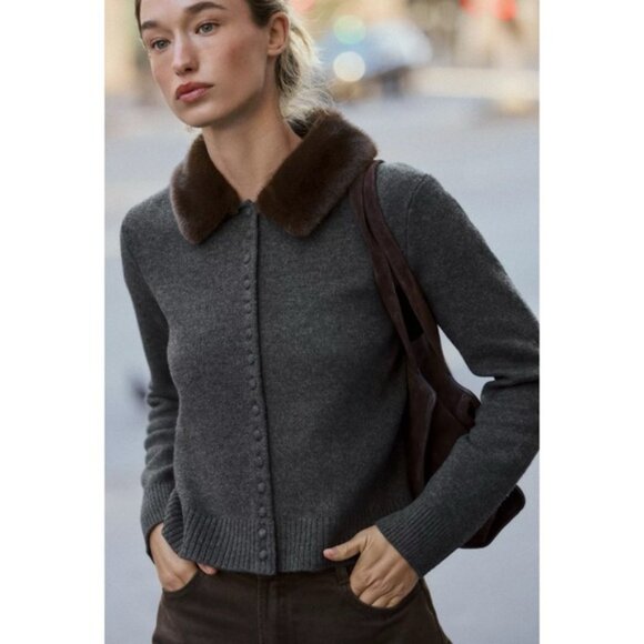 Zara FAUX FUR LAPEL KNIT CARDIGAN - Picture 1 of 9